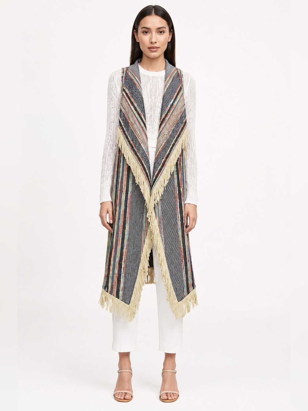 BCBG Maxazria Fringed Long Tapestry Woven Vest Galiena Fringed *L